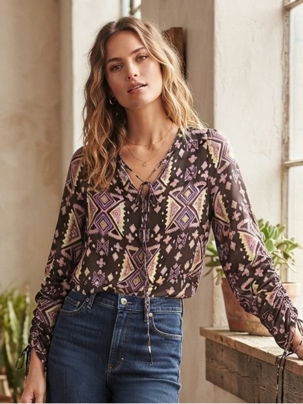TORY BURCH Geo Print Peasant Blouse 4 18.5” P2P Brown/Purple NWOT